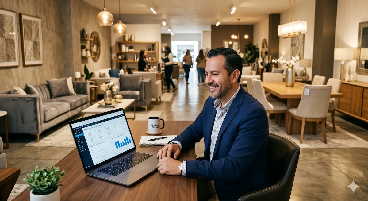 Dueño de mueblería revisando su ERP en laptop rodeado de muebles en exhibición
