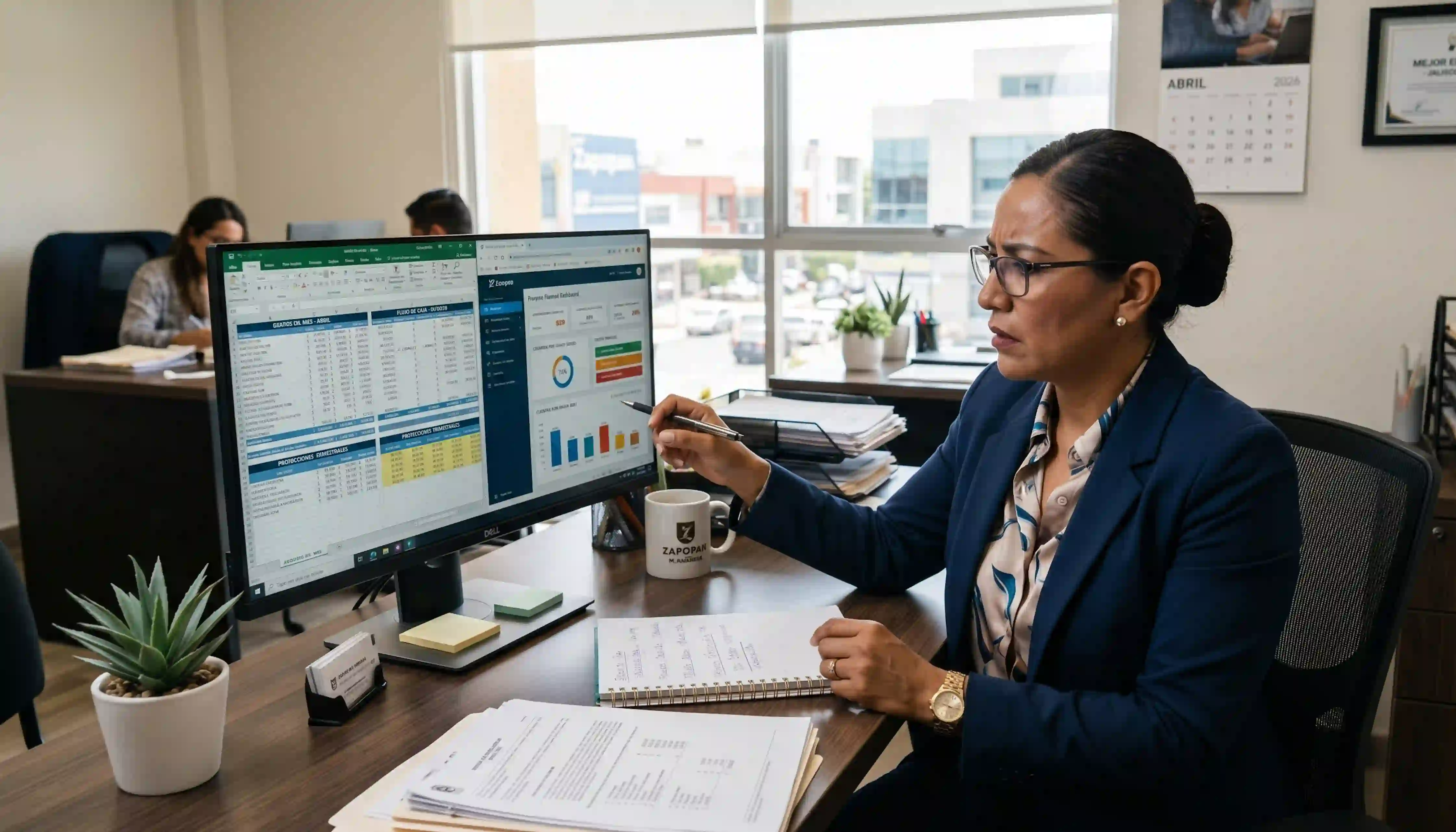 Gerente de mueblería revisando reportes de cuentas por cobrar en pantalla de computadora