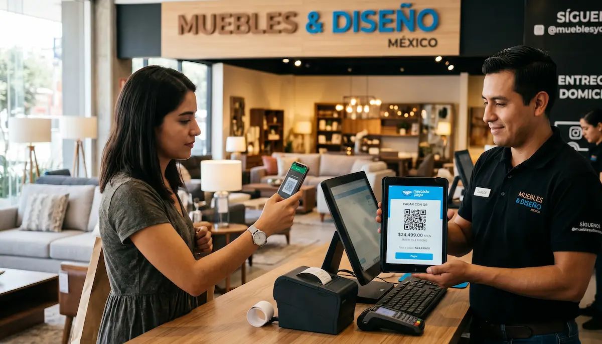 Cliente pagando mueble escaneando código QR de MercadoPago en mostrador de tienda