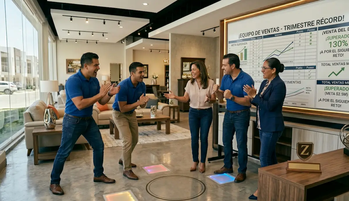 Equipo de vendedores en piso de mueblería celebrando meta de ventas alcanzada