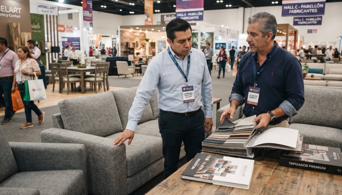 Comprador de mueblería evaluando telas de tapicería con un expositor en el pasillo de Tecno Mueble Internacional