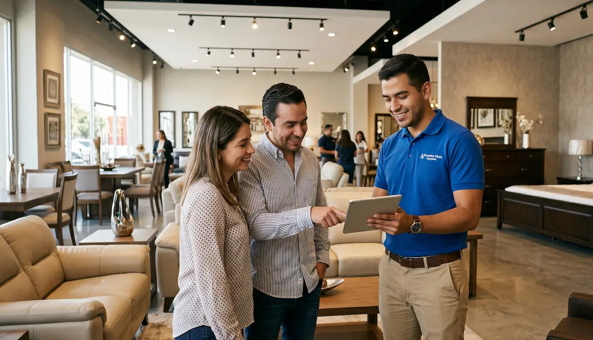 Vendedor mostrando cotización profesional en tablet a pareja en tienda de muebles