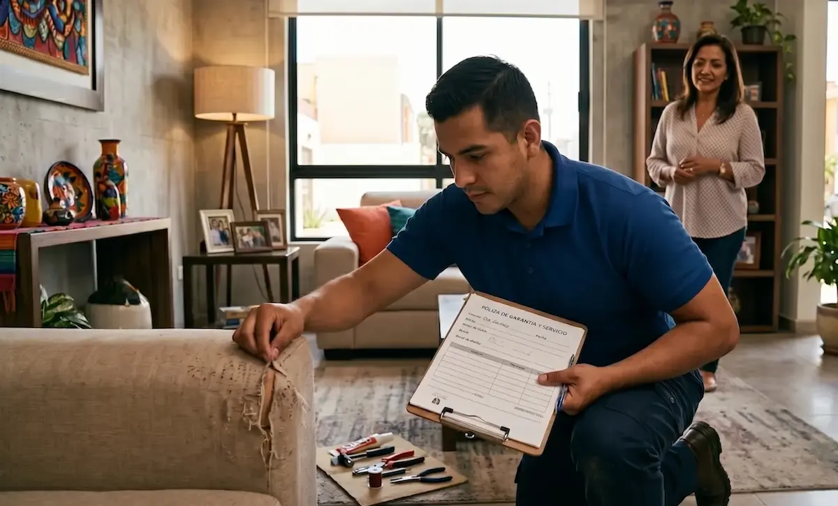 Técnico de mueblería inspeccionando sofá dañado en casa del cliente con formato de garantía
