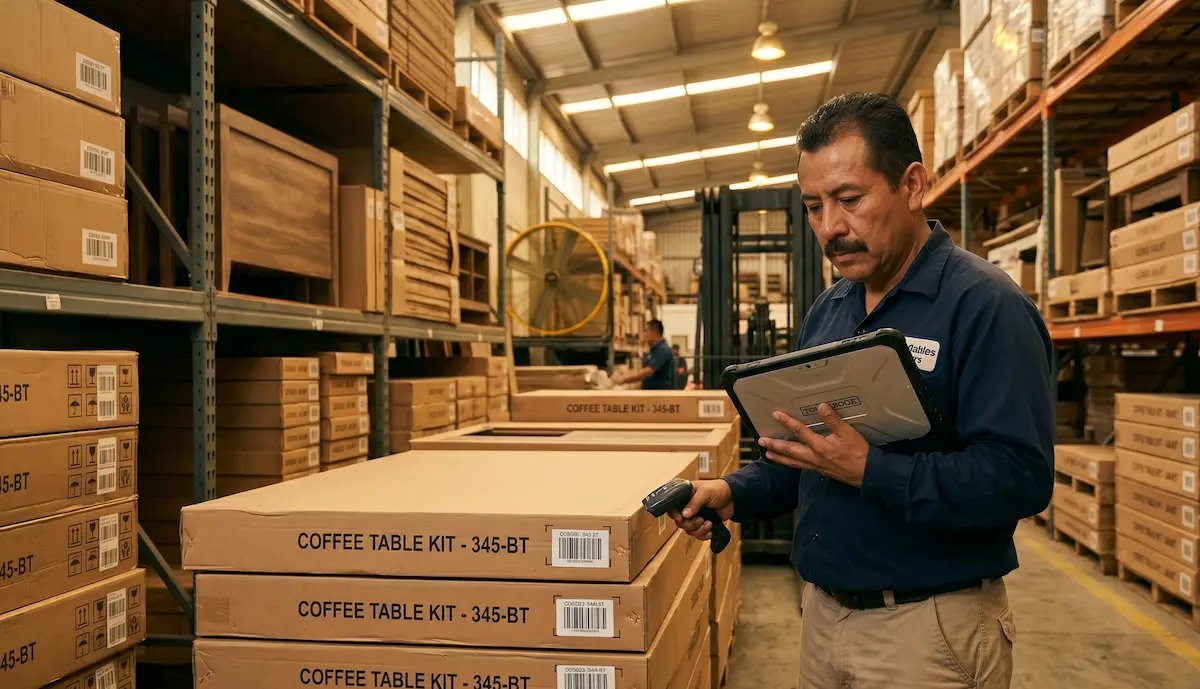 Almacenista escaneando código de barras de muebles en bodega con tablet