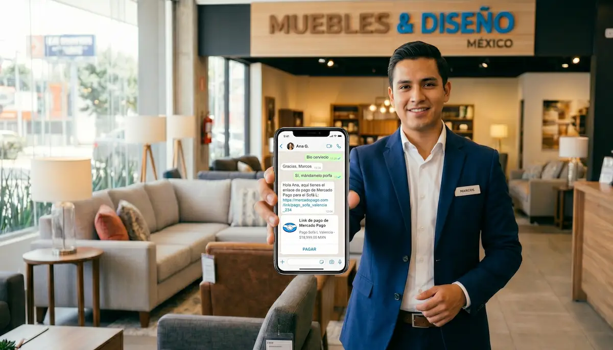 Vendedor enviando link de pago por WhatsApp desde celular en mueblería moderna