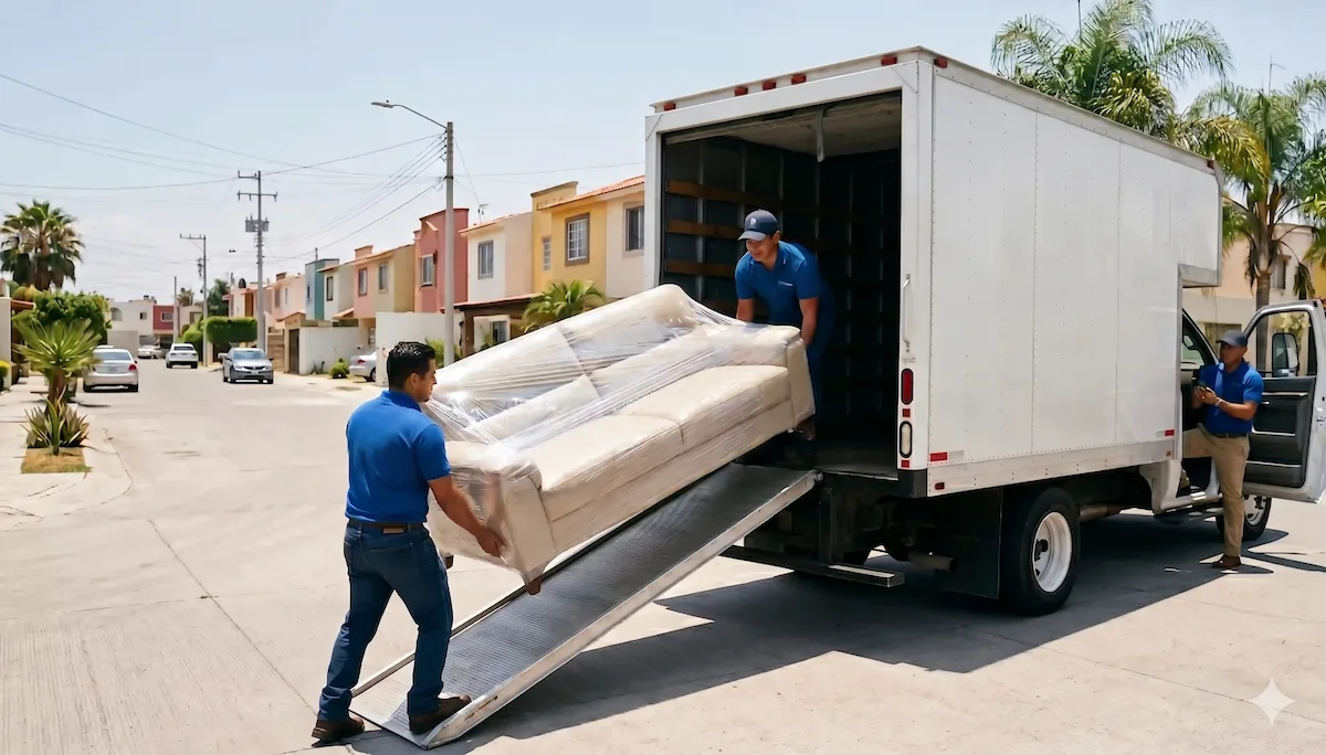 Camión de entregas de muebles siendo cargado con sofá mientras chofer revisa ruta en celular