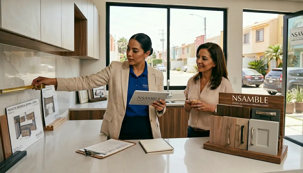 Diseñador de interiores tomando medidas de cocina con cliente mientras consulta especificaciones en tablet