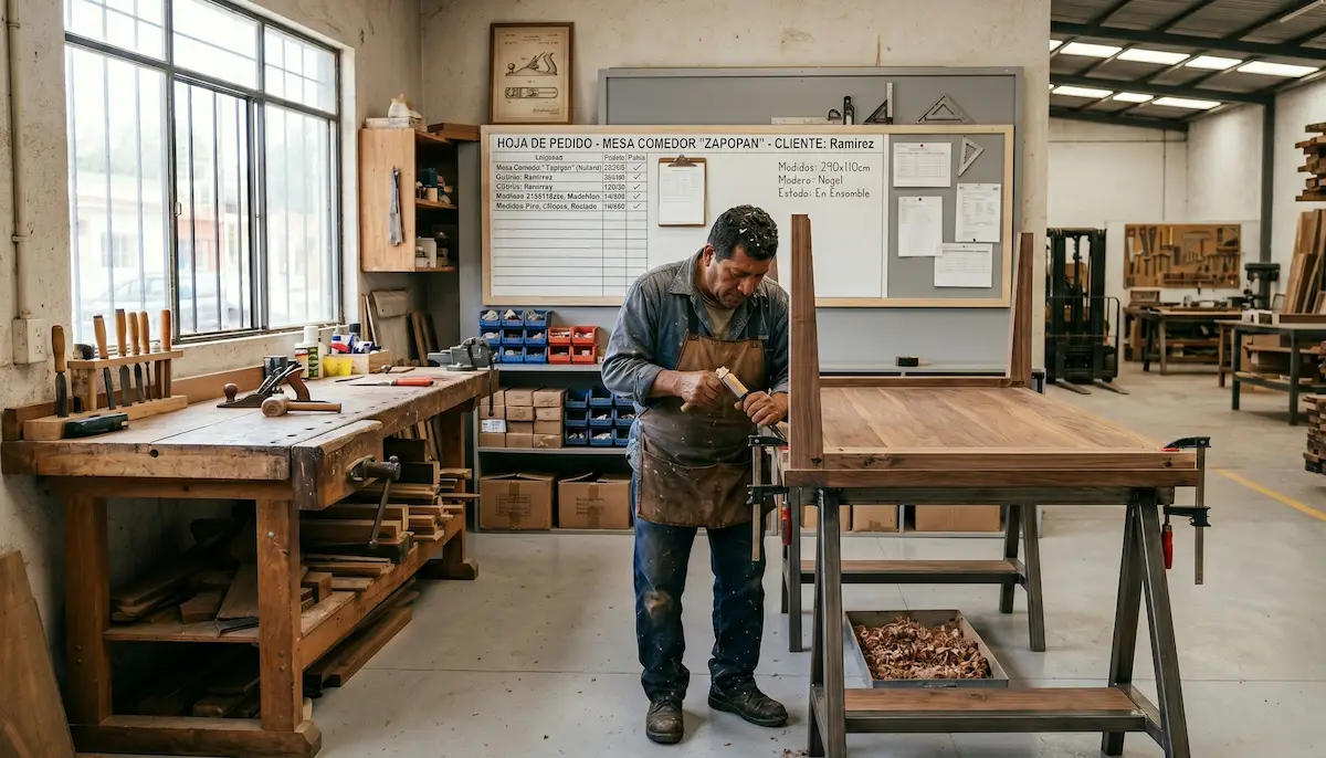 Taller de carpintería con trabajador ensamblando mueble de madera y orden de producción visible