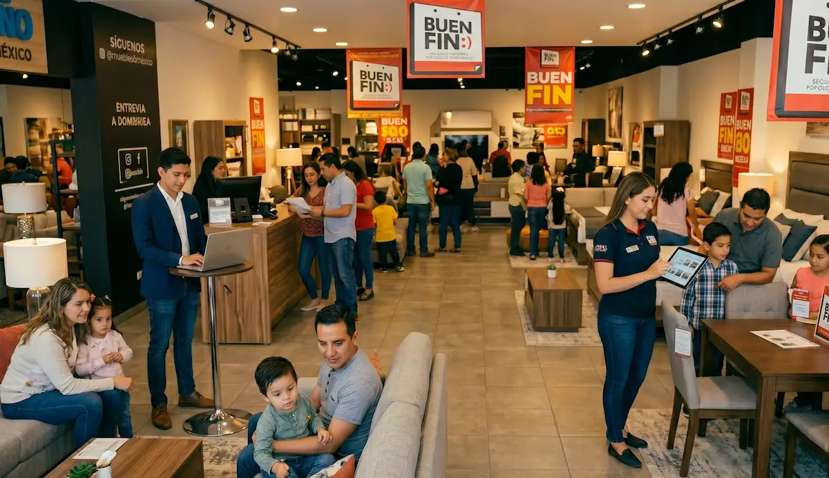 Mueblería durante Buen Fin con vendedores atendiendo clientes desde celular tablet y laptop simultáneamente
